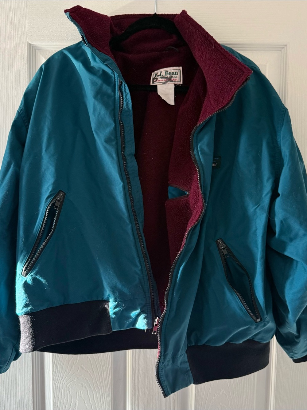 Vintage L.L.Bean Warm-Up Jacket Teal/Burgundy Fleece Lined Bomber Made in USA